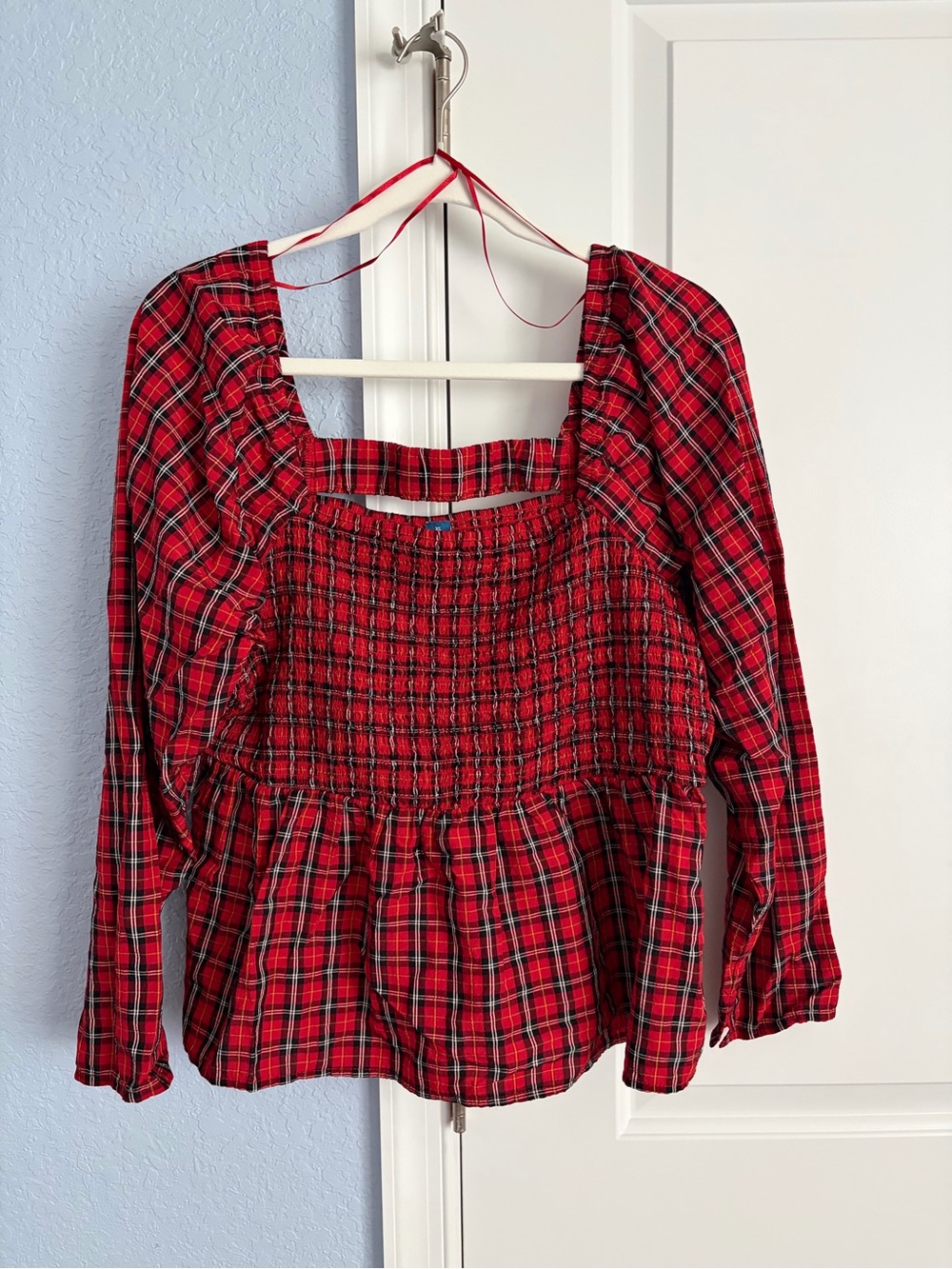 NWOT Old Navy Red Plaid Smocked Peplum Blouse